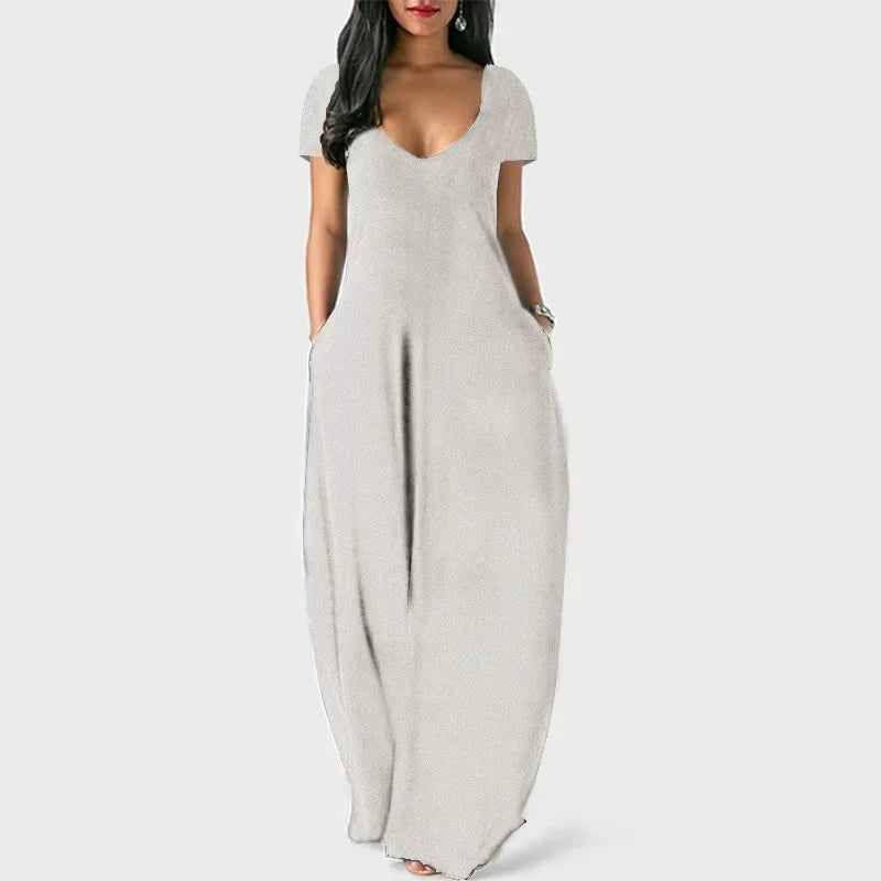 AliExpress Europa e nos Estados Unidos verão transfronteiriço novo plus size vestido de cor sólida sexy profundo V manga curta saia longa
