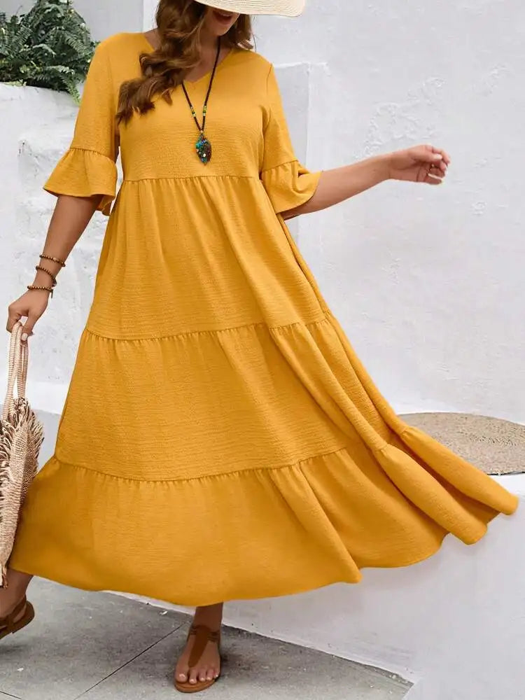 Vestido largo de talla grande, multicolor, con escote en V grande, nuevo, primavera y verano de 2024 