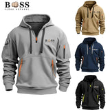 Men's hooded sweatshirt, casual sports pullover, retro Harajuku long-sleeved zipper, multiple pockets, casual loose jacket, stre