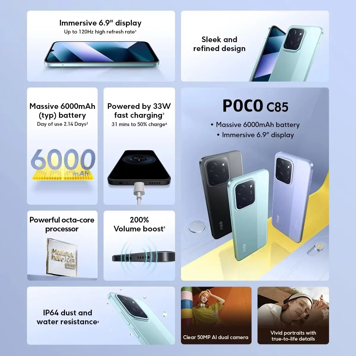 Global Version POCO C85 Smartphone 50MP Al Dual Camera 6.9" Dot Drop Display 6000mAh Large Battery 33W Fast Charging