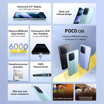 Global Version POCO C85 Smartphone 50MP Al Dual Camera 6.9" Dot Drop Display 6000mAh Large Battery 33W Fast Charging