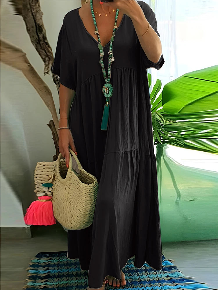 Plus Size 2025 Summer New V-neck Short Sleeve Pleated Solid Colour Loose Casual Midi Dress Basic Hem Pleated
