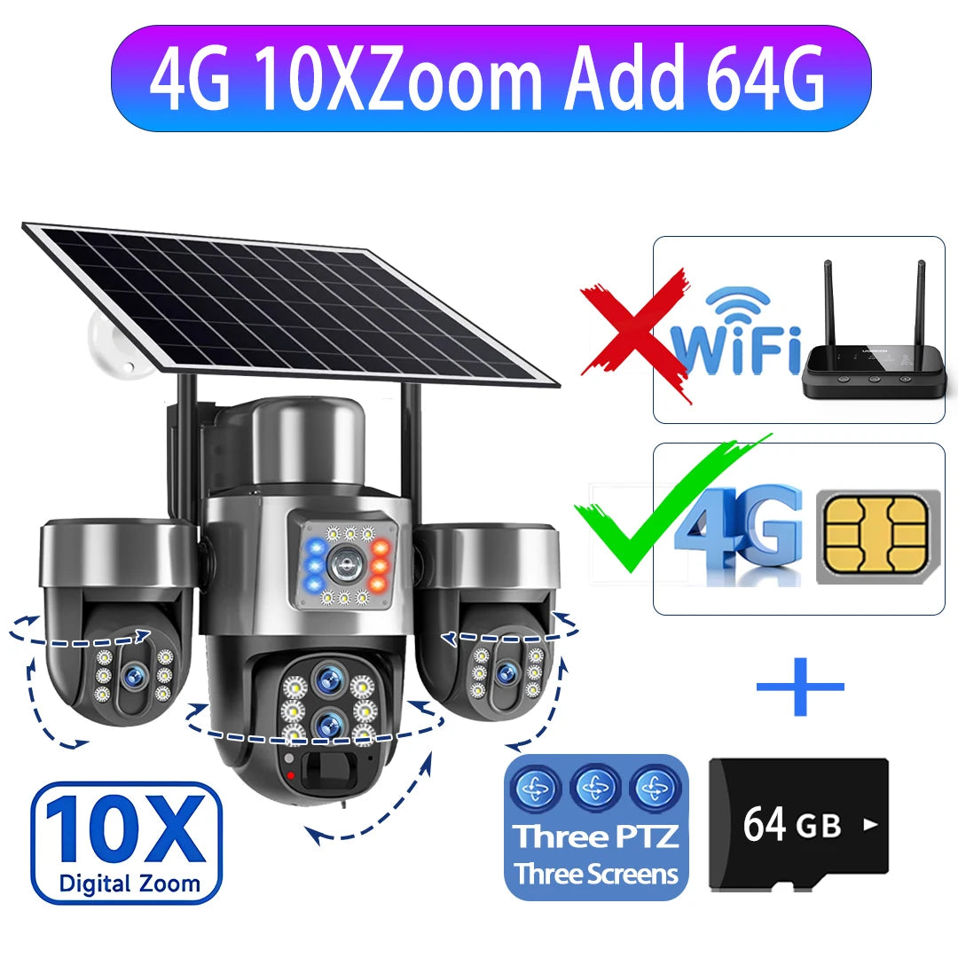 20MP 4G Sim Solar Camera WiFi 10X Optical Zoom 3-PTZ 4-Lens 3-Screens Outdoor Wireless Security Cameras Auto Tracking CCTV V380