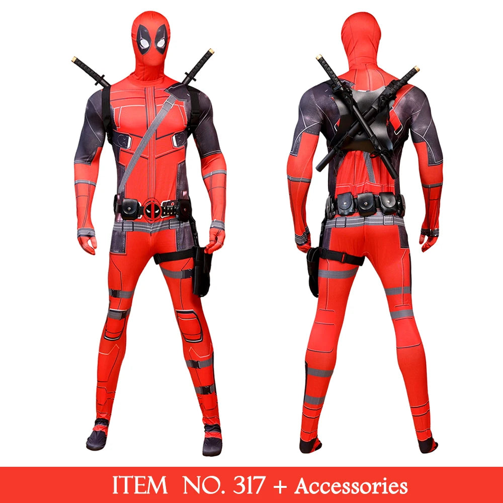 MARVEL Deadpool Cosplay Costumes Kids Adult Superhero Bodysuit Jumpsuit with Mask Rich Accessories Party Clothes Outfits