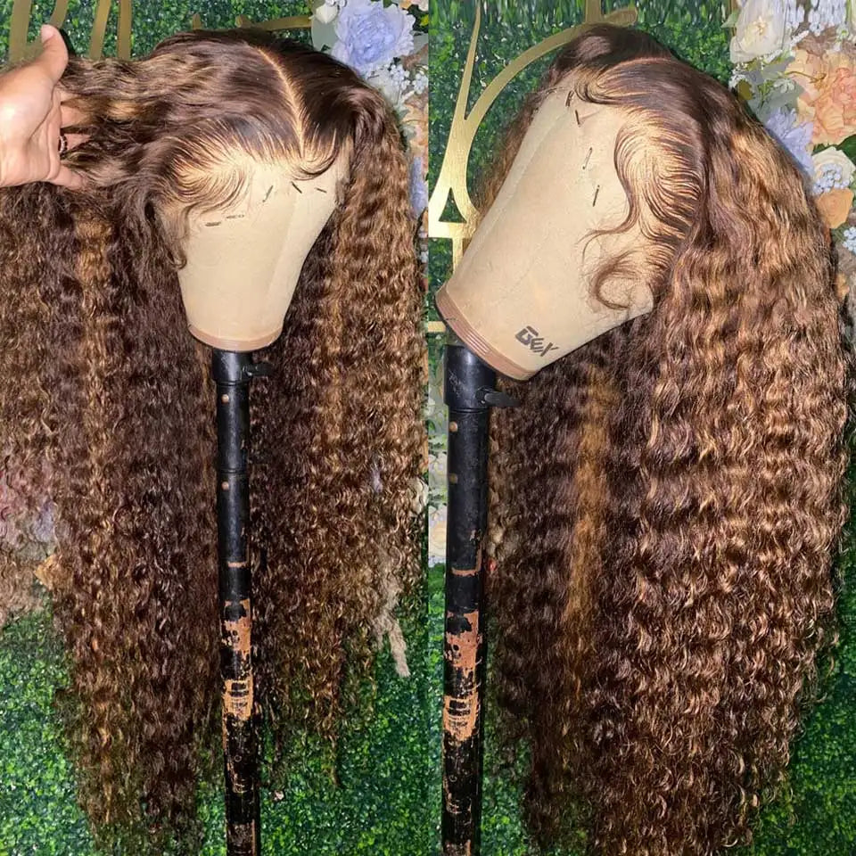 30 34 Inch Highlight Ombre Lace Front Wig Curly Human Hair Wigs Honey Blonde Colored HD Deep Wave Frontal Wigs For Black Women