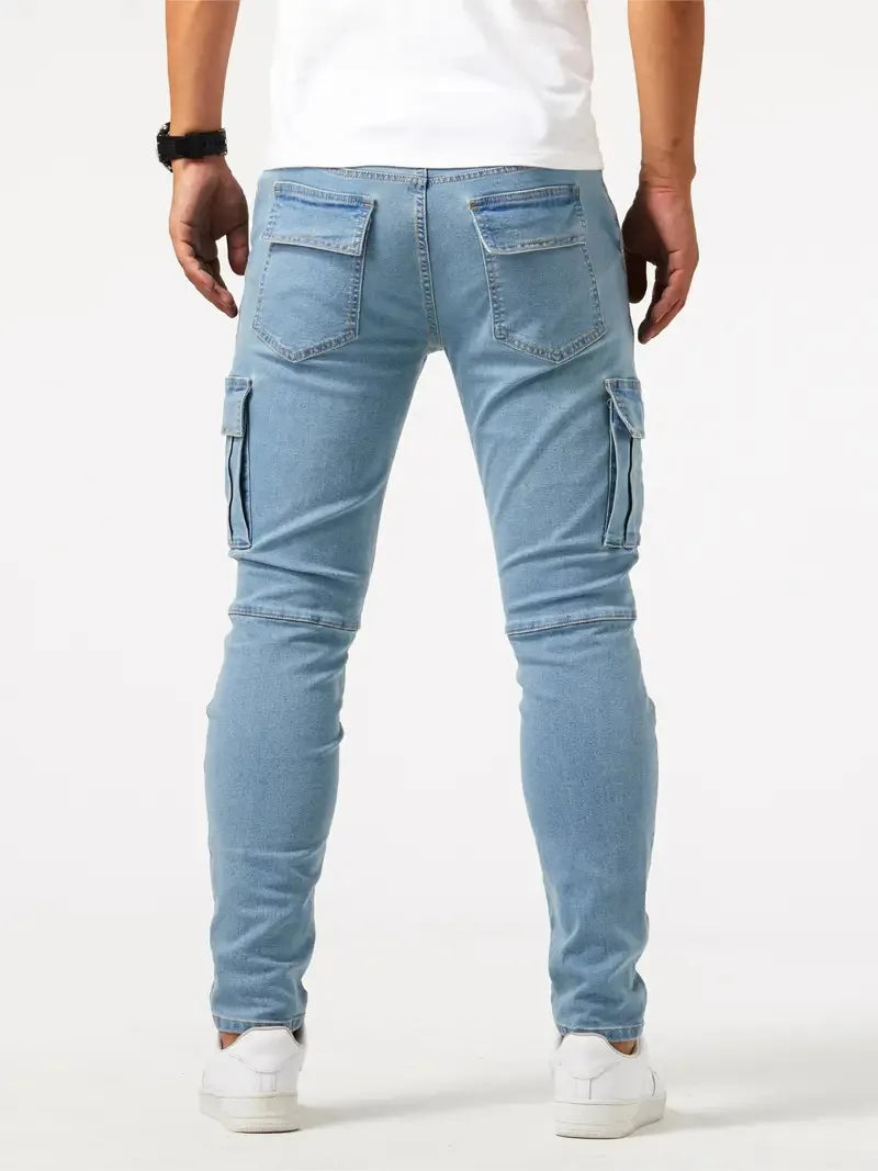 Street men's denim work pants washed solid color multi pocket casual mid waist pants slim fit daily wear jogging pants