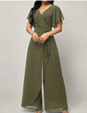 Women's New Solid V Neck Flutter Sleeve Tie Waist Split Wide Leg Jumpsuit Elegant Slimming Versatile Party Daily Casual Jumpsuit