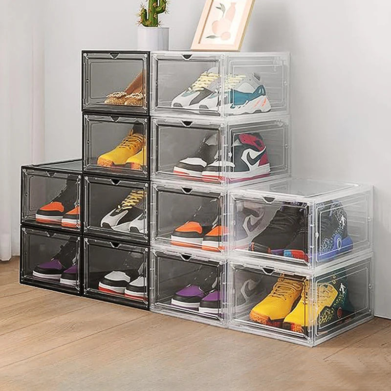Caja de zapatos de acrílico transparente, tamaño 48, grande, gruesa, antioxidante, apertura frontal, apertura lateral, caja de zapatos AJ con succión magnética