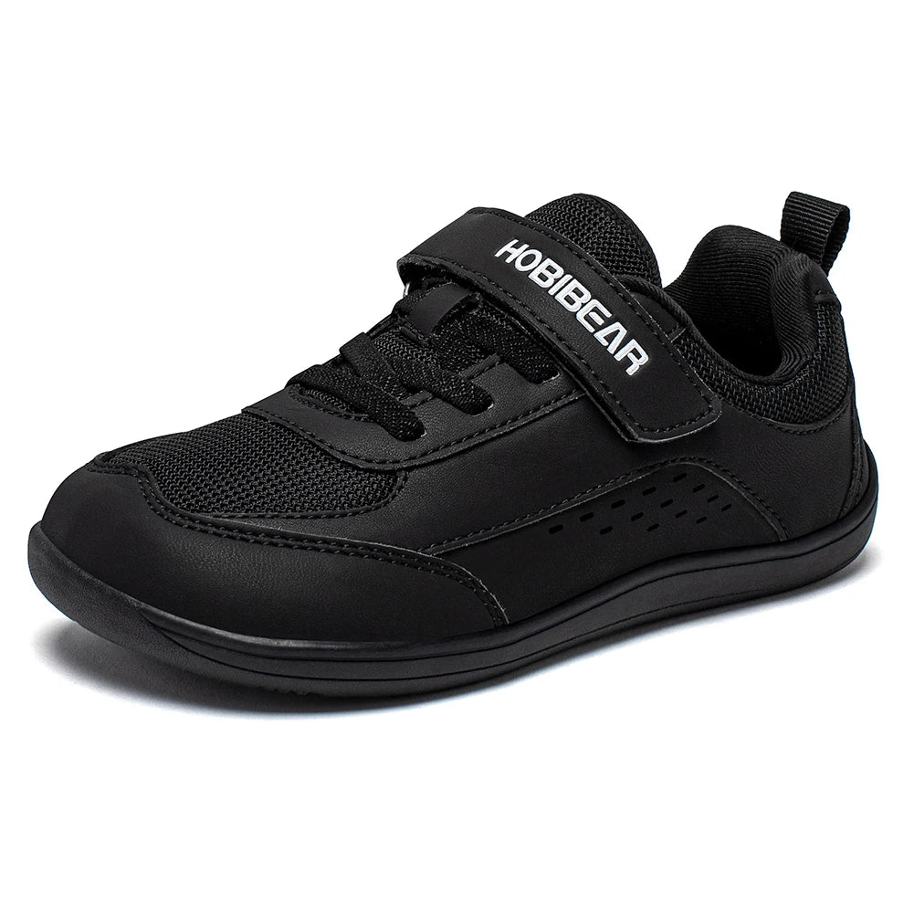 HOBIBEAR Kids Wide Toe Shoes Big Kid Barefoot Hook Loop Minimalist Sneakers Artificial Leather Mesh Shoes
