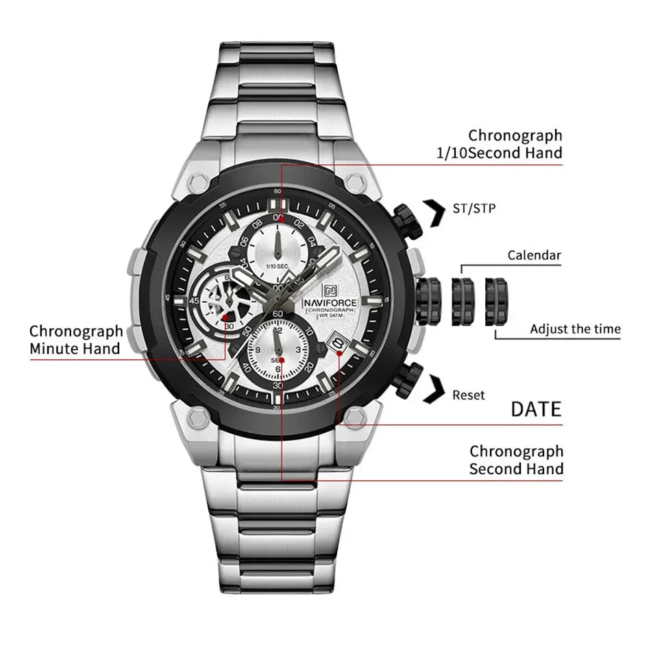 NAVIFORCE Original Watch for Men 2025 New Stainless Steel Waterproof Chronograph Classic Quartz Wristwatch Brand Men Watch Gifts