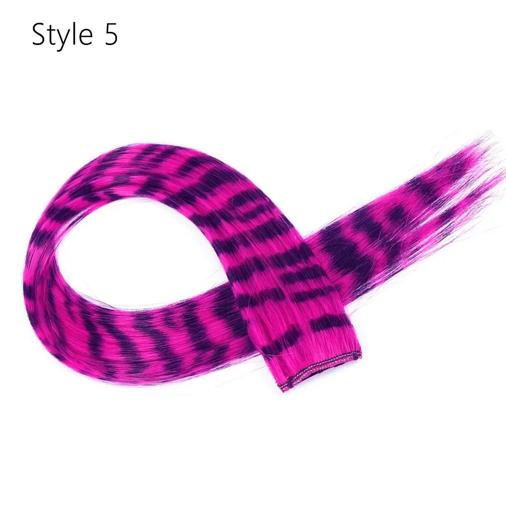 Stripe Printed Clip-in Hair Extensions Colorful Synthetic Hair Highlights 18 Inches Straight Wig Hairpieces for Daily Use Party