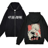 Chaquetas con cremallera de Anime Gojo Satoru, sudadera con capucha de forro polar fino, sudaderas con cremallera Y2K, Jujutsu Kaisen 