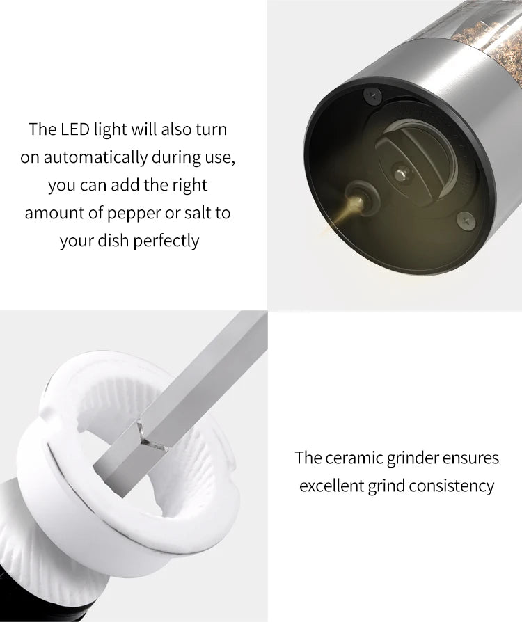 Molinillo eléctrico automático de pimienta y sal con luz LED, molinillo de aspereza ajustable, herramientas de cocina