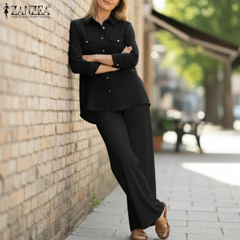 ZANZEA Plus Size 5XL Womens Casual Pant Suits Long Sleeve Shirt & Elastic Waist Pant 2 Pieces Sets Spring Solid Color Outfits