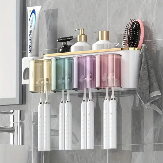 Toothbrush Holder with Squeezer, Punch-Free Bathroom Shelf, Mouthwash Cup, Toothbrush Holder
