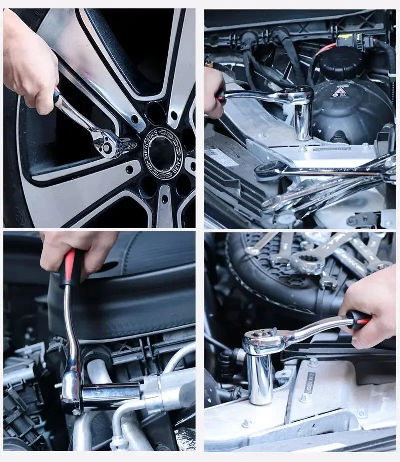 12pcs Socket Ratchet Handle Wrench Set 1/4 3/8 1/2 Spanner Kit With Extension Rod and 10 Common Sockets Car Repair Hand Tools
