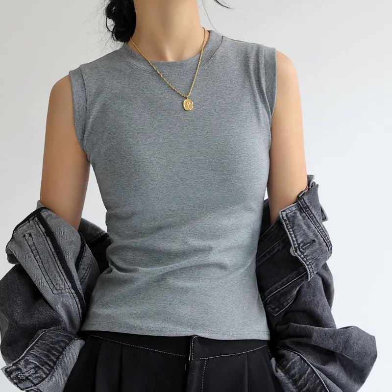 Camisola de algodón para mujer, cuello redondo, colorida, básica, sin mangas, con cobertura para escote lateral, C4878