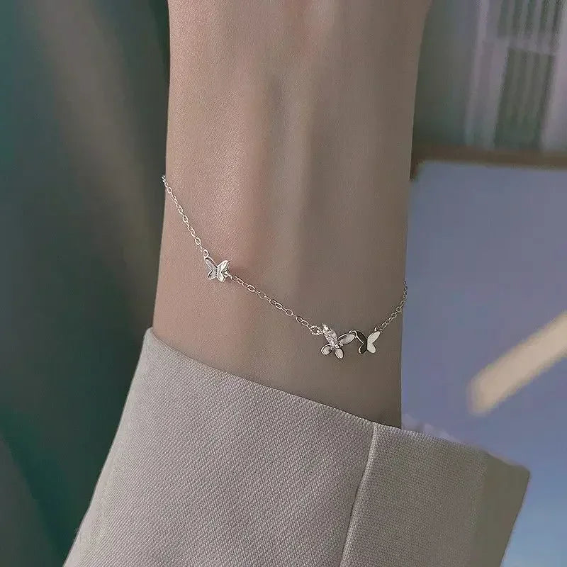 925 Sterling Silver Diamond-Studded Butterfly Bracelet for Women Adjustable Jewelry Flower Temperament Fashion 
