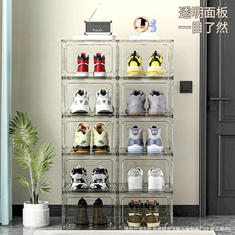 Transparent shoe box, magnetic suction door, thick plastic storage box, detachable dustproof shoe storage box