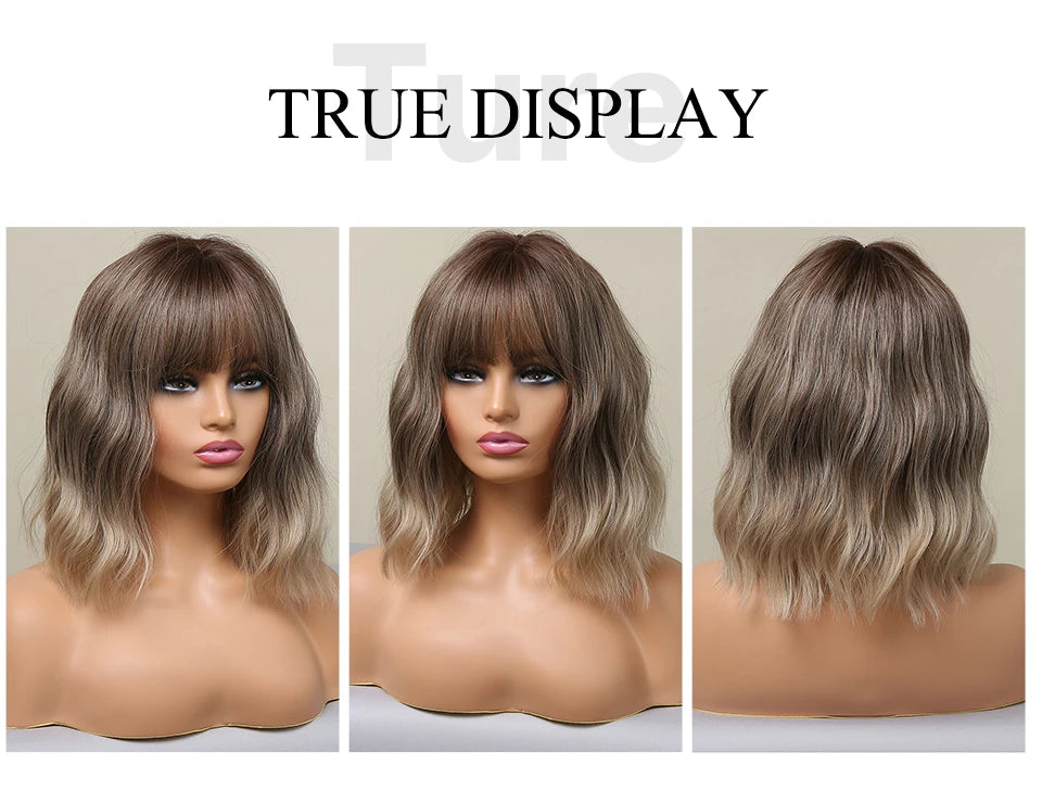 Women Grey Wavy Bob Wigs with Bangs Short Blonde Ombre Synthetic Wig with Dark Roots Natural Hair for Daily Use