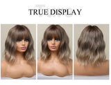 Women Grey Wavy Bob Wigs with Bangs Short Blonde Ombre Synthetic Wig with Dark Roots Natural Hair for Daily Use