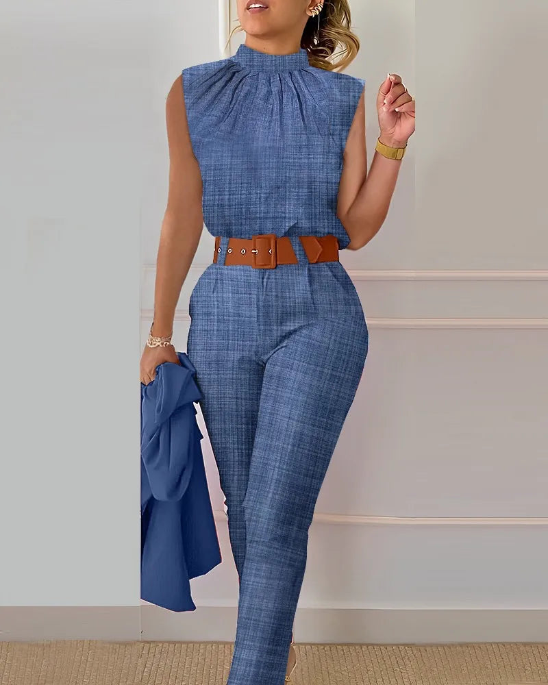 Summer Denim Blue Set Women Stand Collar Sleeveless Top High Waist Pants Work Printing 2 Pieces Suit Sets Female Casual Outfits