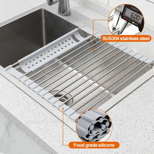 Escurridor de platos enrollable sobre fregadero, escurridor de platos de acero inoxidable 304, organizador de estante, almacenamiento de platos de vajilla, accesorios de cocina