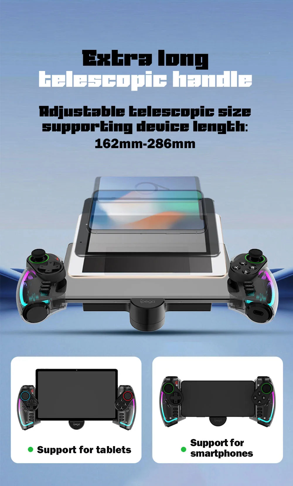 Mando Bluetooth Ipega PG-9777S para Nintendo Switch, Android, iOS, iPad y PC con luz RGB, vibración lineal y control extensible.