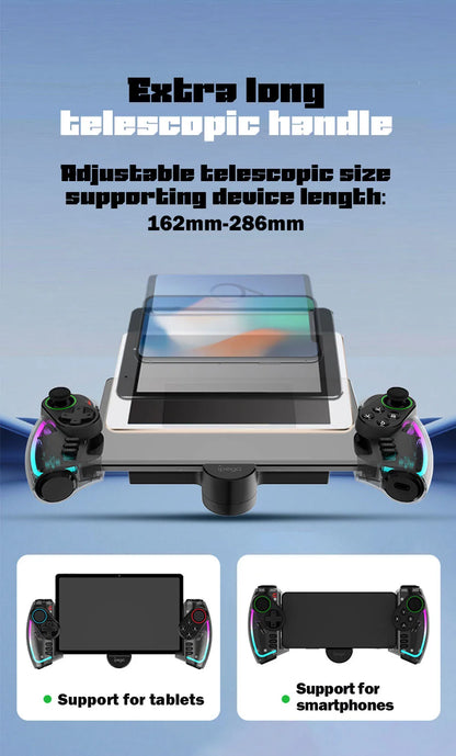 Mando Bluetooth Ipega PG-9777S para Nintendo Switch, Android, iOS, iPad y PC con luz RGB, vibración lineal y control extensible.