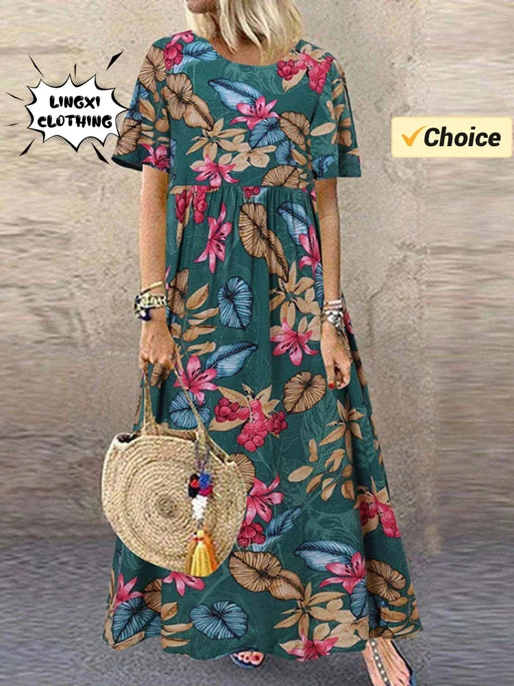 Vestido de festa elegante 2024 feminino elegante plus size saia solta em torno do pescoço manga curta retro impressão casual vestido longo feminino