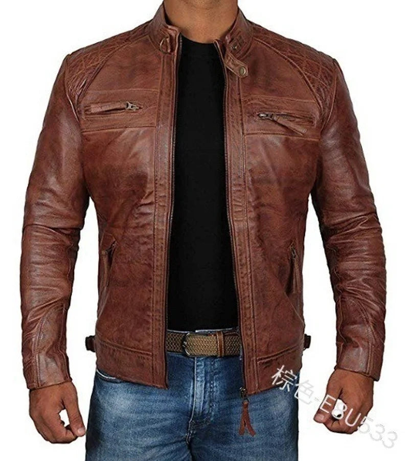 2023 Men Leather Jacket Teenagers Stand Collar Punk Men Motorcycle Leather Jacket Brown Leather Jacket