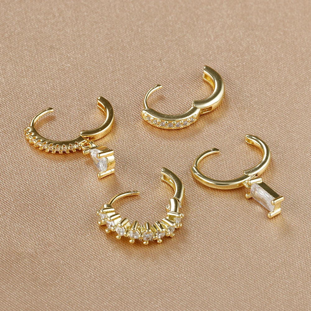 4PCS Colorful Cubic Zirconia Stainless Steel Hoop Earrings Set for Women Pendant Water Drop Earring Cartilage Piercing Jewelry