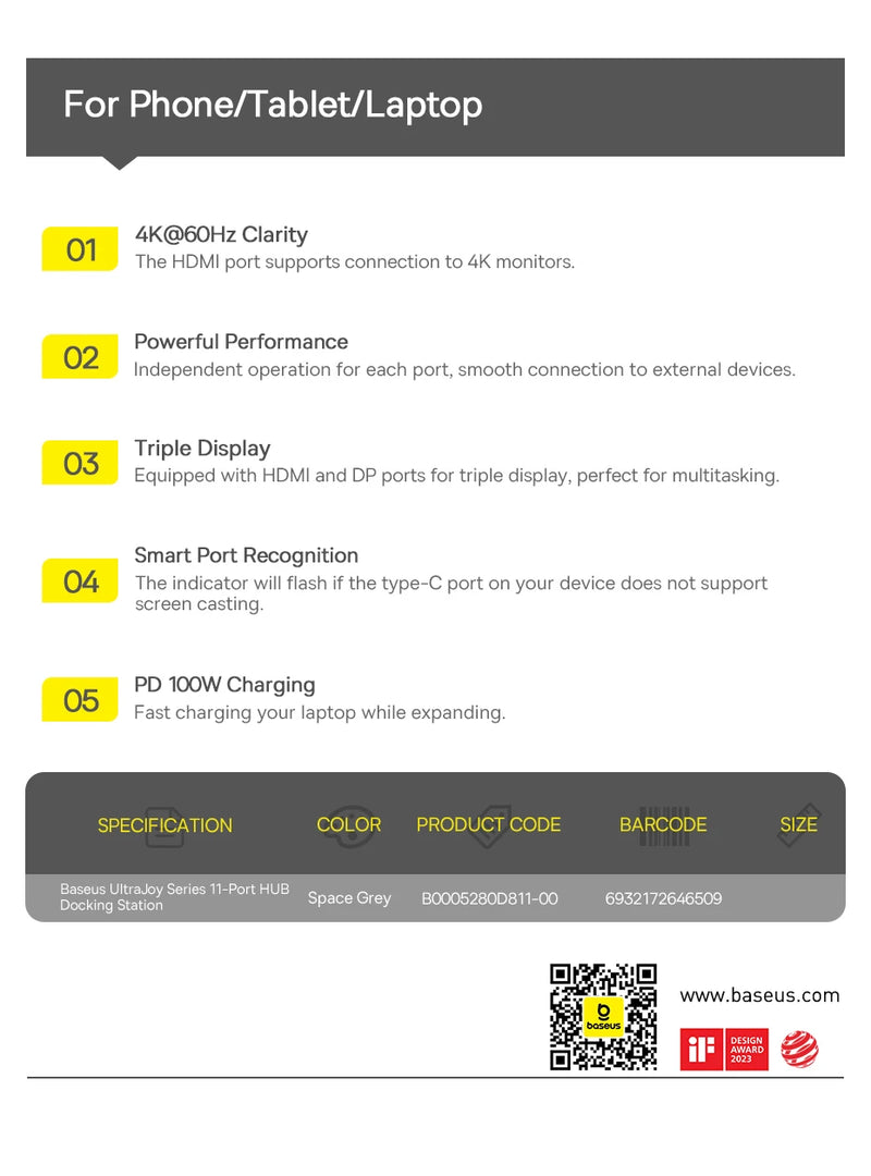 Baseus USB Hub DP 4K Dual HDMI Adapter 11 in 1 Splitter RJ45 USB 3.0 PD 100W Docking Station for MacBook Pro Air M2 M1 USB C HUB