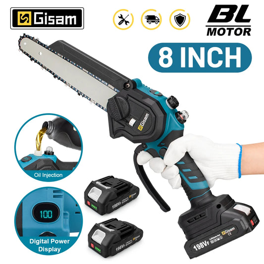 Gisam 8 Inch Brushless Chain Saw Cordless Electric Saw Woodworking Garden Prão Pruning Chainsaw Power Tool For Makita 18V Battery Pin