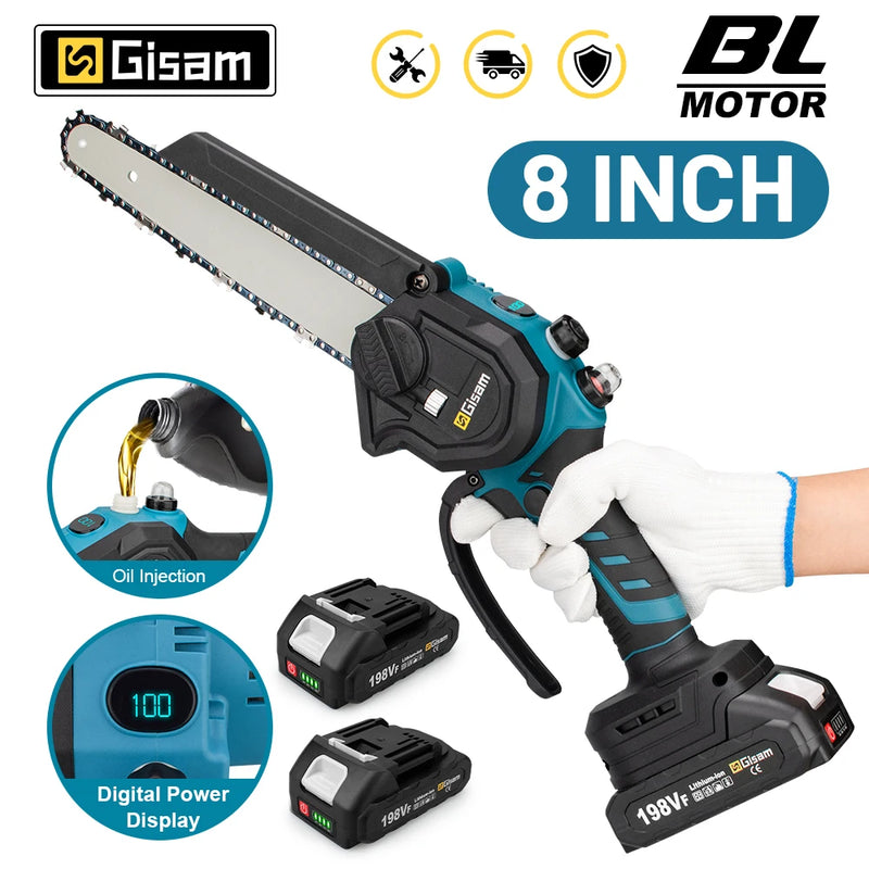 Gisam 8 Inch Brushless Chain Saw Cordless Electric Saw Woodworking Garden Pruning Chainsaw Power Tool For Makita 18V Battery Pin