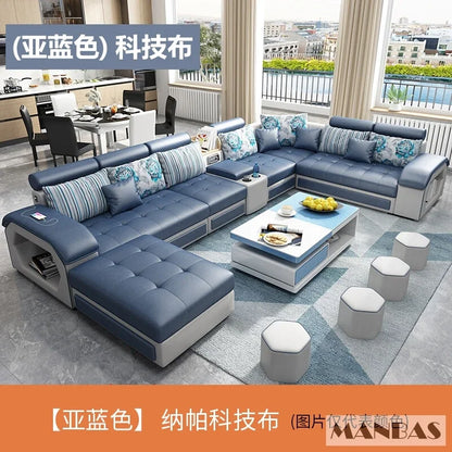 Linlamim Fabric Sofa Set Furniture Living Room Sofa Set with USB and Stools / Big U Shape Cloth Couch Sofas for Home Furniture