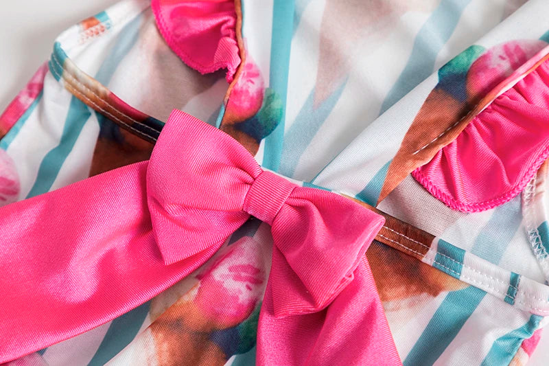 One Piece Girl Swimsuits 1 2 3 4 5 Year Baby Printed Swimwear Summer Beach Bathing Bikini Clothes Kids Bow Seaside Swimming Wear