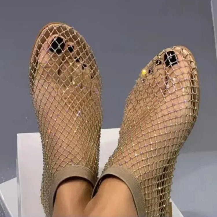 2024 Summer Women's New Round Toe Flat Bottom Sandals Hollow Short Boots Water Diamond Sexy Flat Bottom Fashion Banquet Slippers