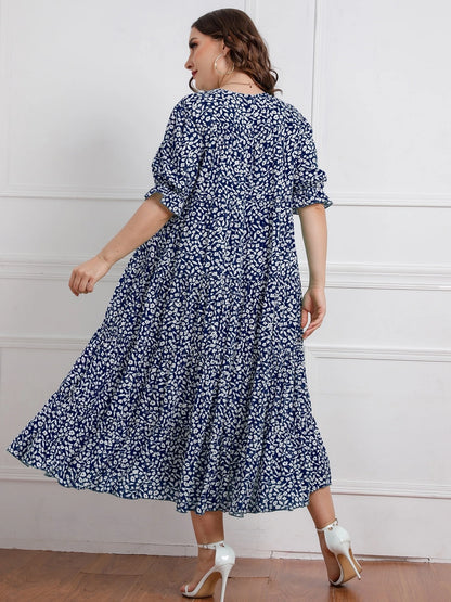 Plus size nova chegada o pescoço manga curta floral impressão verão boêmio vestidos de praia casuais para mulheres tamanho grande
