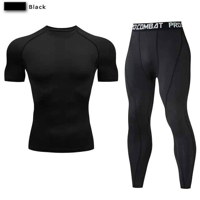 Traje deportivo de compresión para hombre, conjunto deportivo ajustado de yoga, entrenamiento en gimnasio, jogging, ropa deportiva MMA, pantalones de entrenamiento, traje deportivo (2 piezas) 