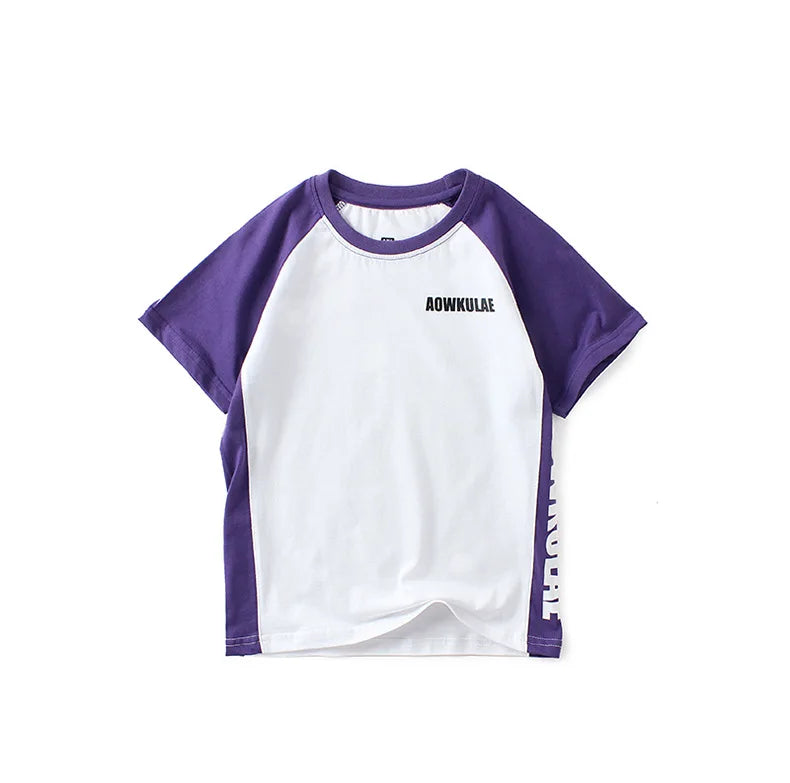 2022 Summer Korean Style Children T-Shirts Fashion Splicing Letter Design Kids Short Sleeve Tops Pure Cotton Children's Clothes