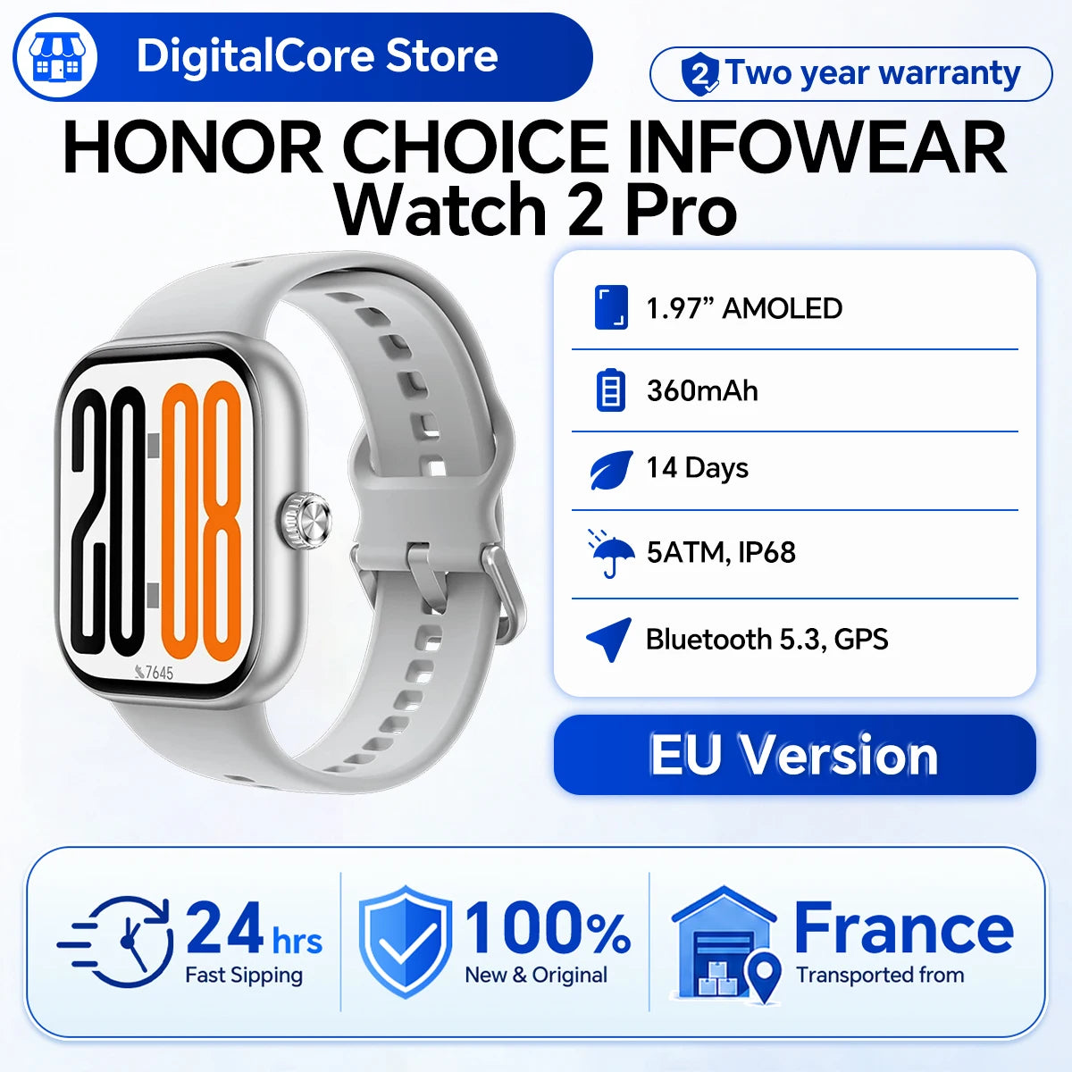 HONOR CHOICE INFOWEAR Watch 2 Pro – Tela AMOLED de 1,97" com bordas finas, suporte a barômetro e bússola, e posicionamento GNSS autônomo.