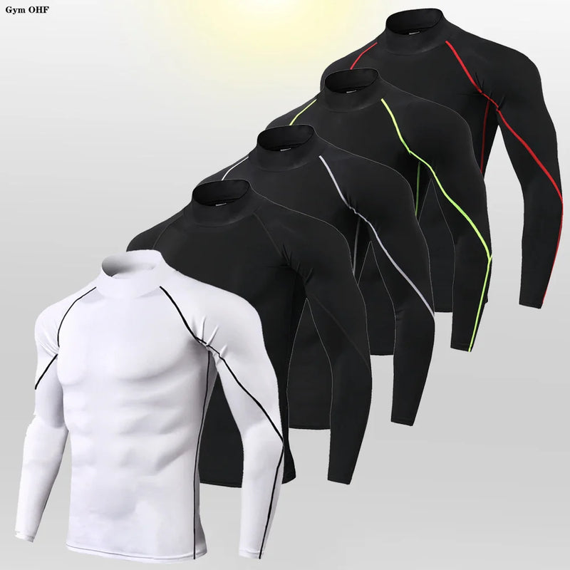 Novas camisetas esportivas masculinas de pescoço alto ginásio rápido fitness correndo compressão topos casual ao ar livre camisa masculina roupas de proteção solar