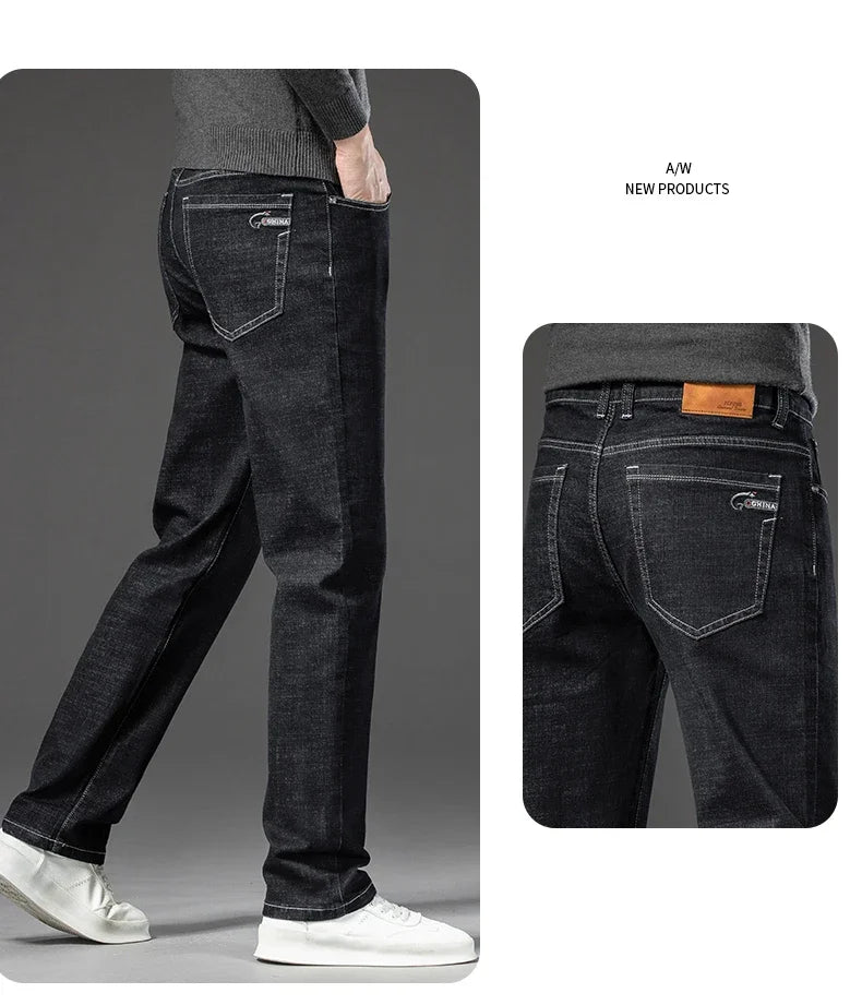 2025 Spring Autumn Men's Straight Jeans Denim Pants Classic Style Business Stretch Casual Trousers Large Size 40 42 44 46
