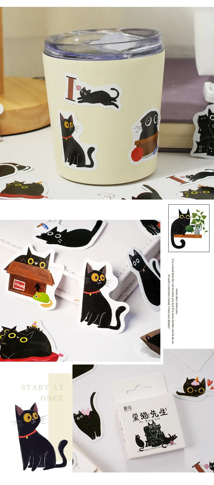 Mr. Paper 46pcs/Box Kawaii Black Cat Stickers Items Decoration DIY Handbook Stickers Boxed Cute Stickers Korean Stationery