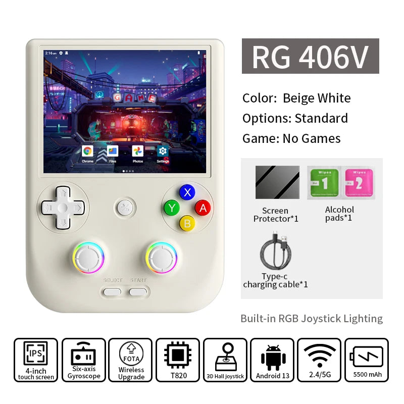 ANBERNIC RG406V Retro Handheld Game Console 4" IPS Multi-touch Screen Android 3D Hall Joystick 5500mAh Video Player 1080p DP Out