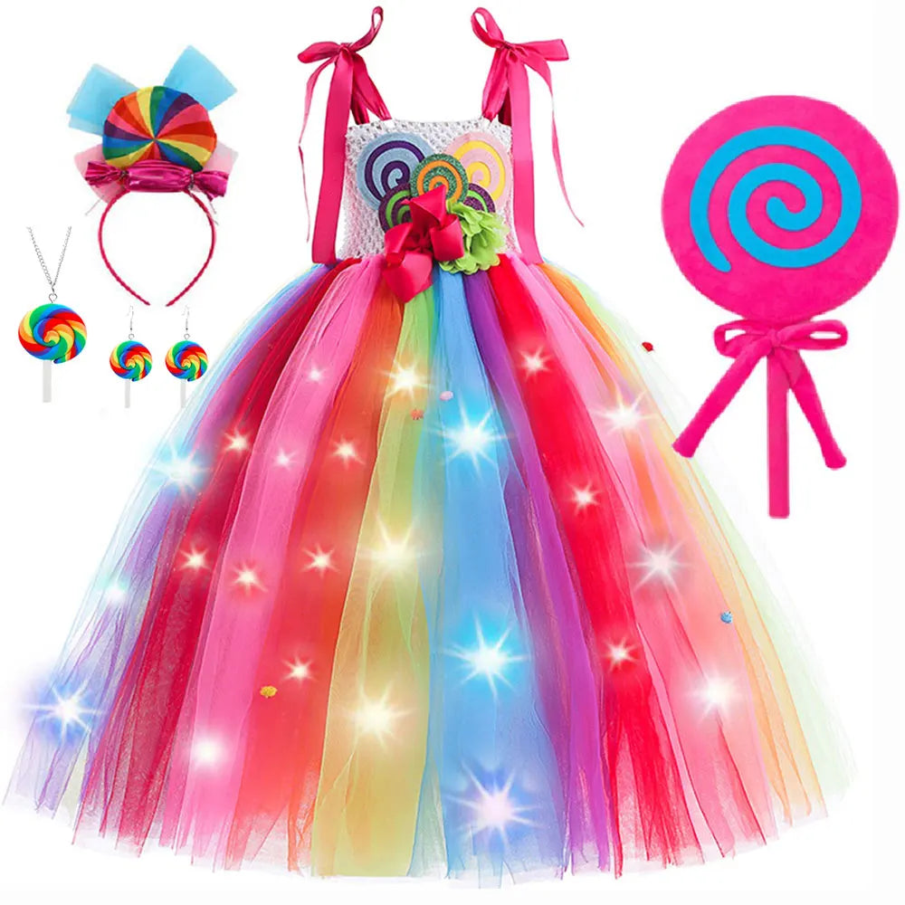 Halloween Carnival Costume Child Lollipop Apparel  Purim Kids Nice Tutu With Colored LED Puffy Candy Princess Ball Gown Dress