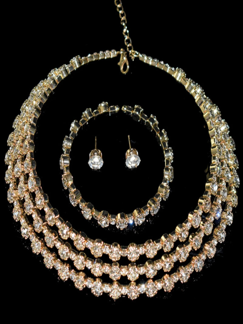 4-piece women's jewelry set with rhinestones, multi-layer collars, earrings, bracelets, wedding party accessories