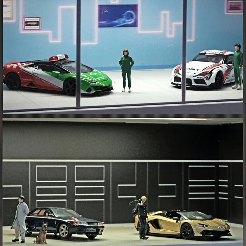 1/64 Simulated Alloy Car Model Showroom for Boy Miniature Acrylic Parking Lot Car Display Stand with Lights Kids Collection Toys