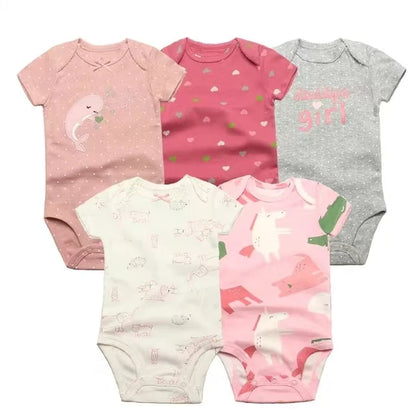 Lote de 5 monos para bebés y niñas, 100 % algodón, de manga corta, para recién nacidos de 6 a 24 meses.